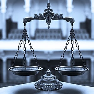 Classic scales of justice in a courthouse setting with a blurred background symbolizing Nager Law Group